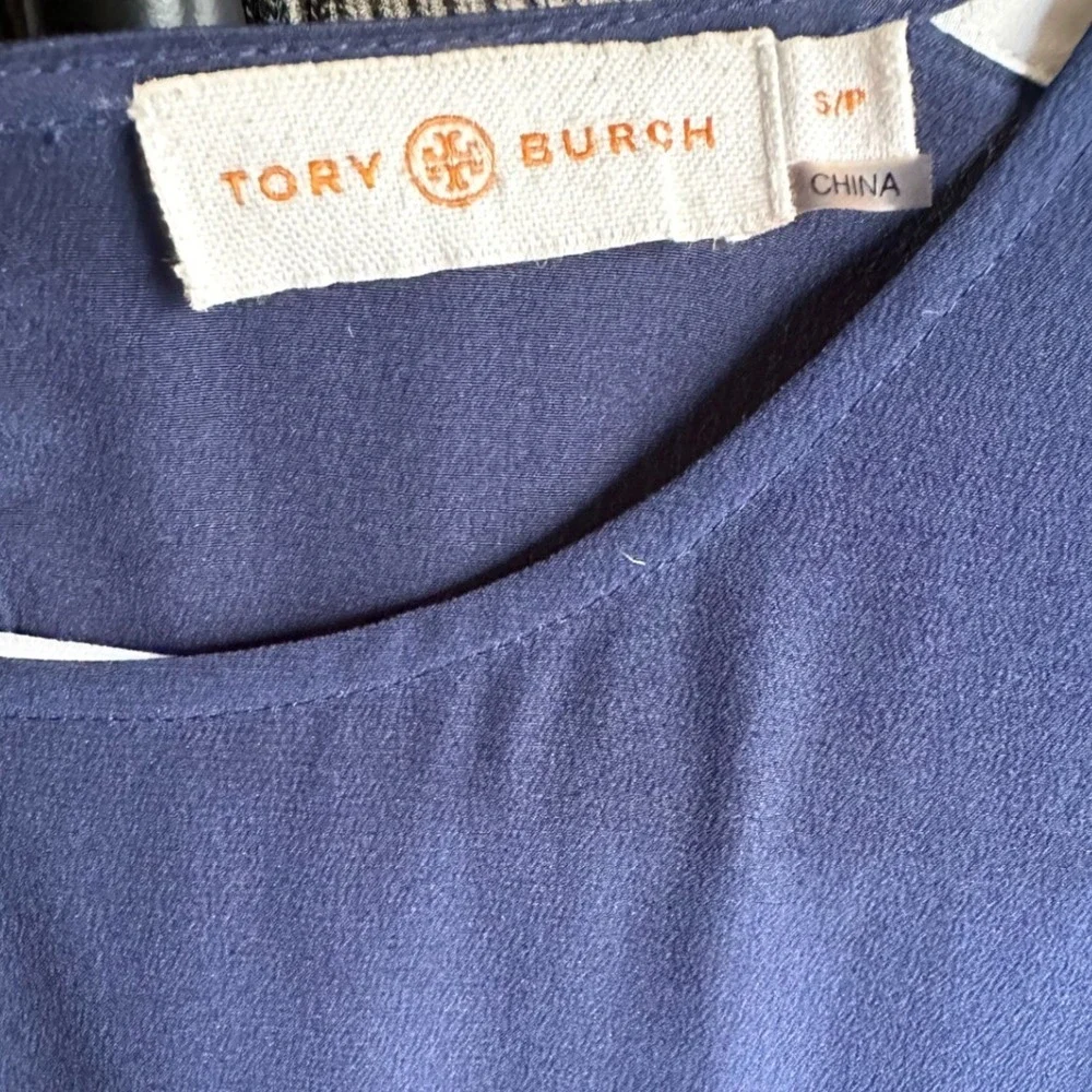 Tory Burch Navy Blue Silk Colorblock Short Sleeve Tunic‎ Top Size Small